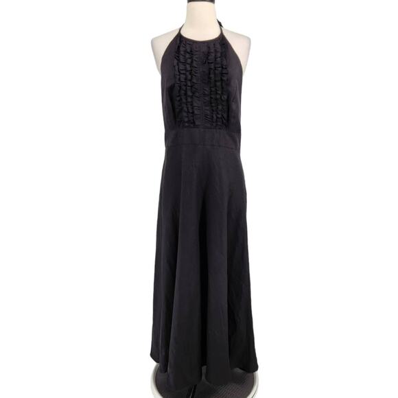 Black Linen Halter Dress with Front Tuxedo Ruffle - Picture 1 of 6
